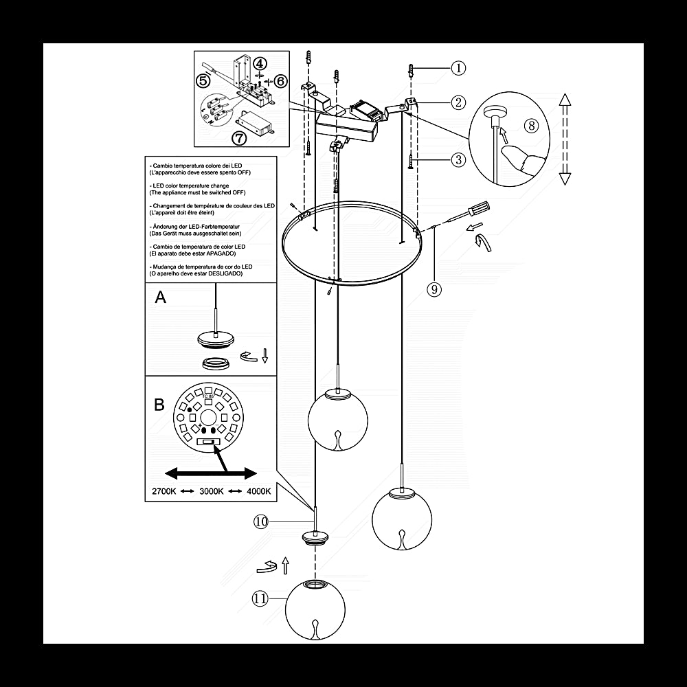 Ariel - Lampada a sospensione circolare 3 luci Fabas Luce - LED 21W dimmerabile - Trasparente Rosone rotondo d.35cm