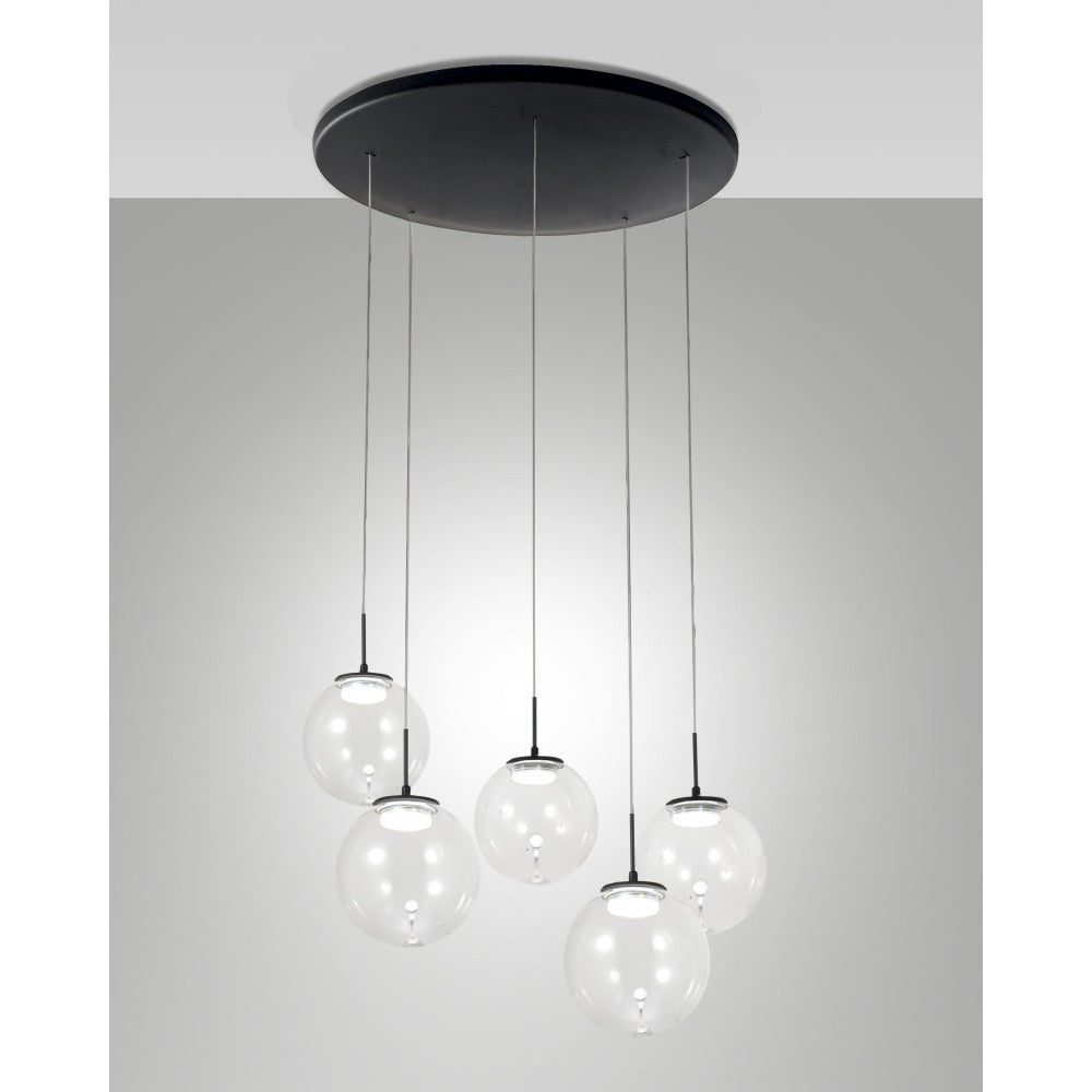 Ariel - Lampada a sospensione circolare 5 luci Fabas Luce - LED 35W dimmerabile - Trasparente Rosone rotondo d.50cm