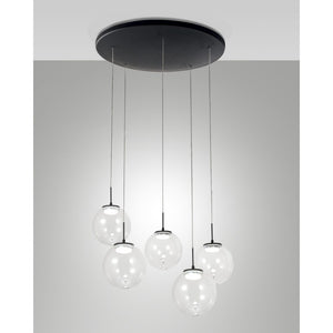 Ariel - Lampada a sospensione circolare 5 luci Fabas Luce - LED 35W dimmerabile - Trasparente Rosone rotondo d.50cm