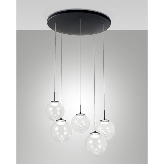 Ariel - Lampada a sospensione circolare 5 luci Fabas Luce - LED 35W dimmerabile - Trasparente Rosone rotondo d.50cm