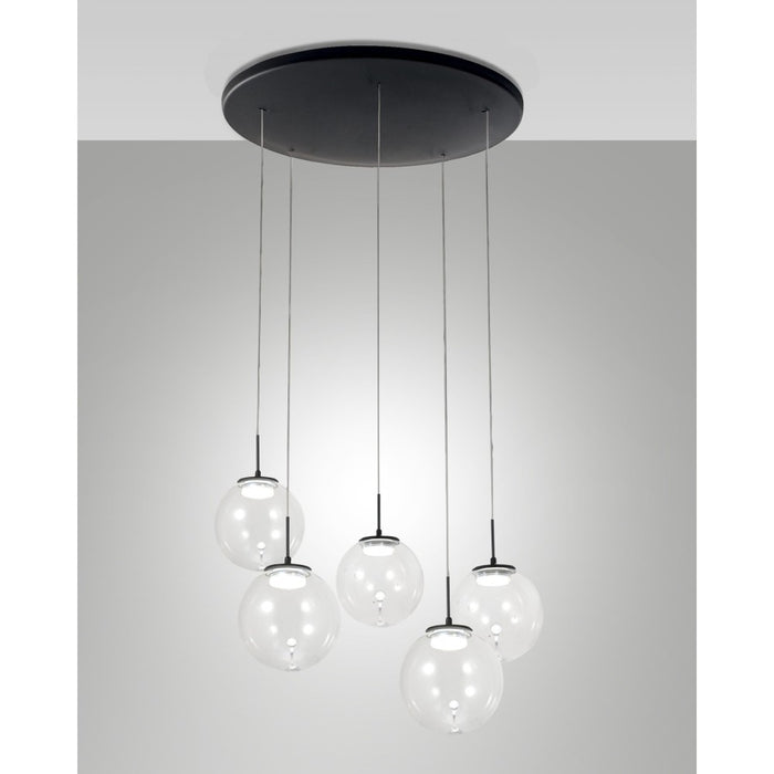 Ariel - Lampada a sospensione circolare 5 luci Fabas Luce - LED 35W dimmerabile - Trasparente Rosone rotondo d.50cm