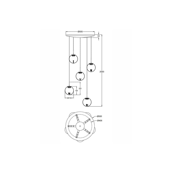 Ariel - Lampada a sospensione circolare 5 luci Fabas Luce - LED 35W dimmerabile - Trasparente Rosone rotondo d.50cm