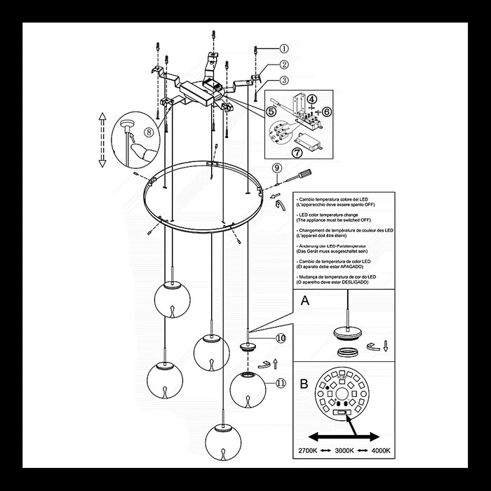 Ariel - Lampada a sospensione circolare 5 luci Fabas Luce - LED 35W dimmerabile - Trasparente Rosone rotondo d.50cm