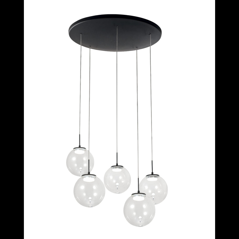 Ariel - Lampada a sospensione circolare 5 luci Fabas Luce - LED 35W dimmerabile - Trasparente Rosone rotondo d.50cm