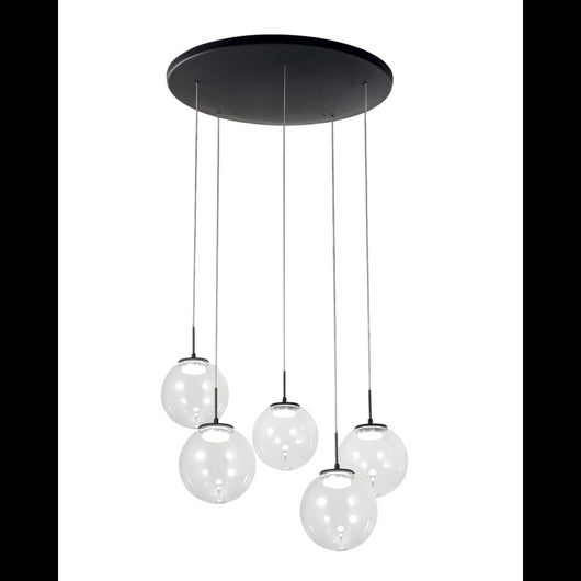 Ariel - Lampada a sospensione circolare 5 luci Fabas Luce - LED 35W dimmerabile - Trasparente Rosone rotondo d.50cm