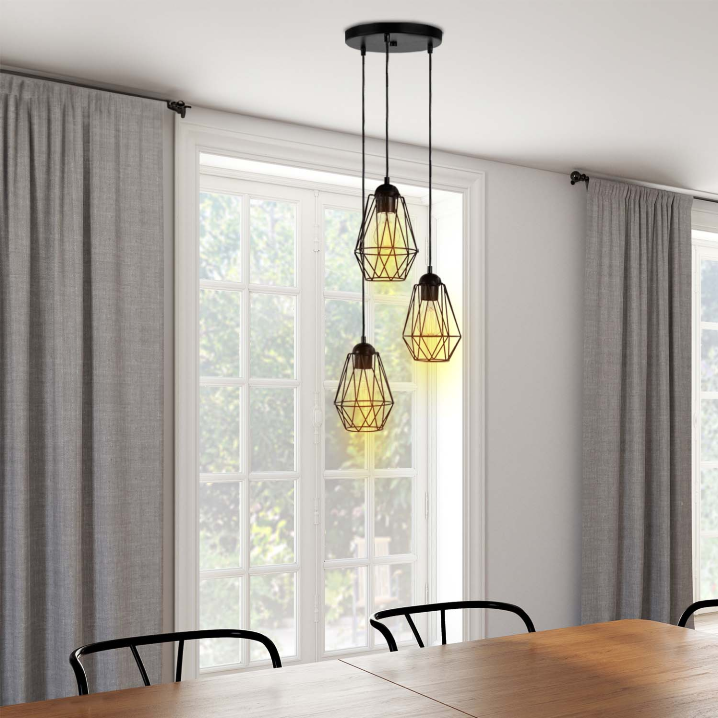 IDMarket - Lampada a sospensione industriale a forma di diamante in metallo nero a 3 lampade