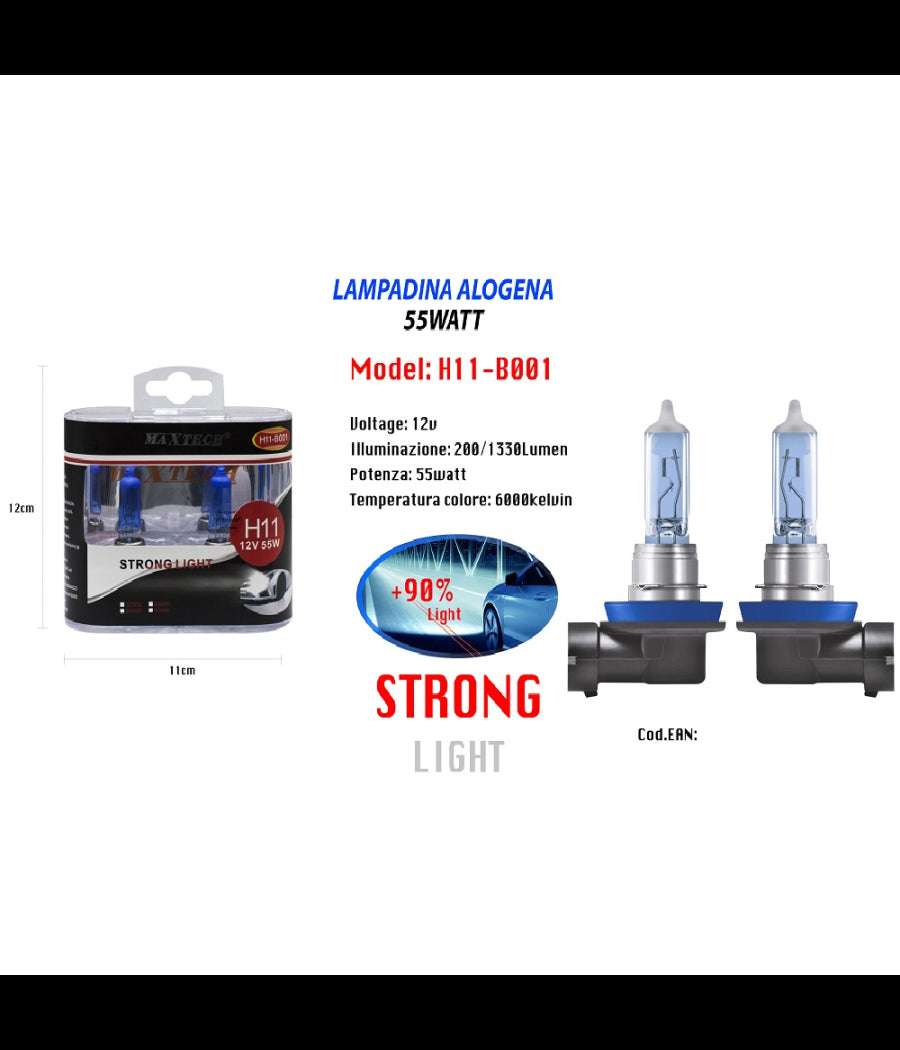 Lampada Alogena H11 Faro 12v 55 W Alta Qualità  Super Luminoso Maxtech H11-b001         