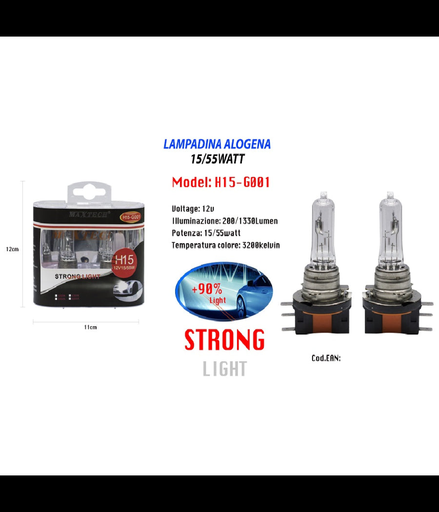 Lampada Alogena Per Auto 15/55watt H15 12 V Luce Calda Ricambio Maxtech H15-g001         