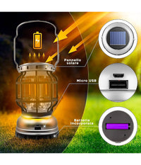 Lampada Da Campeggio A Led Solare Lanterna A Fiamma Portatile Ricaricabile Usb         