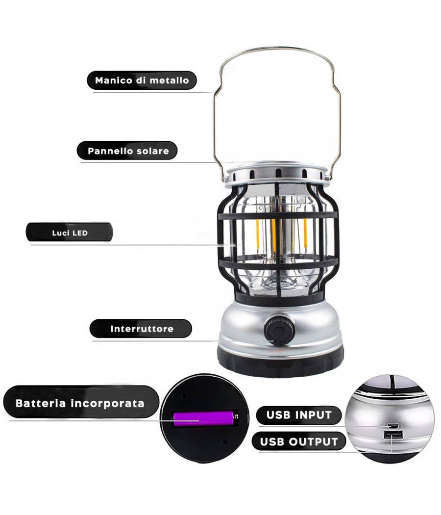 Lampada Da Campeggio A Led Solare Lanterna A Fiamma Portatile Ricaricabile Usb         