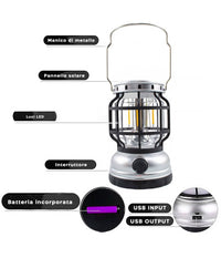 Lampada Da Campeggio A Led Solare Lanterna A Fiamma Portatile Ricaricabile Usb         