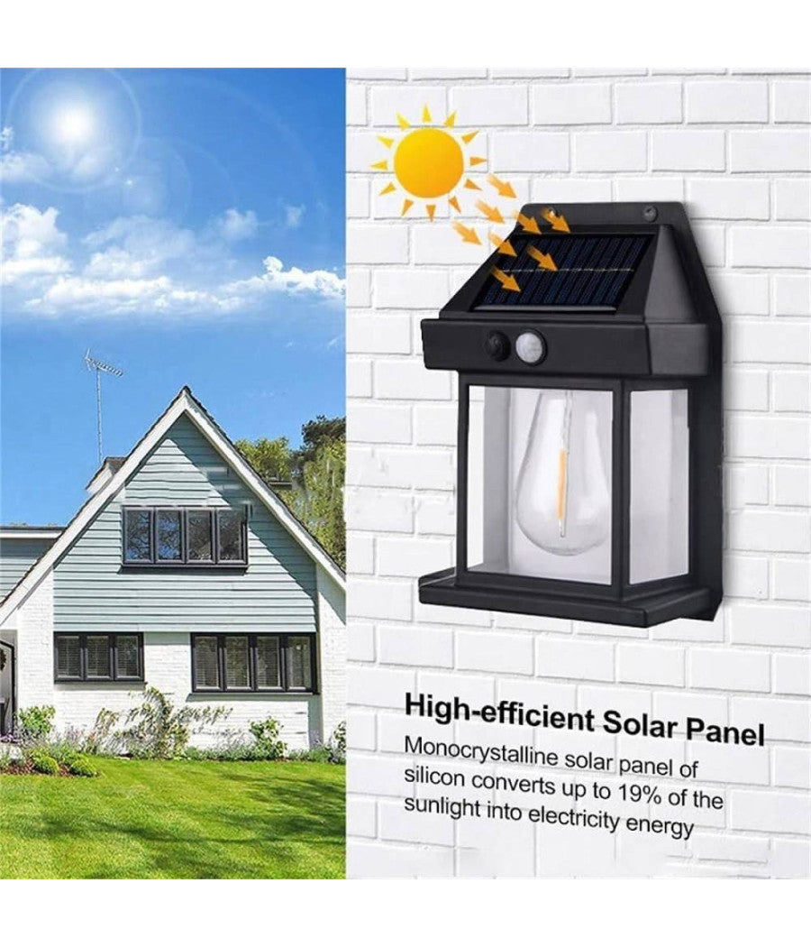 Lampada Da Parete Solare Sensore Movimento Luce Tungsteno Led Applique Ip65 Nero         