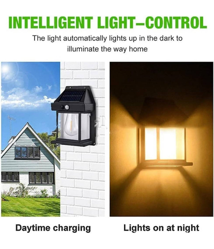 Lampada Da Parete Solare Sensore Movimento Luce Tungsteno Led Applique Ip65 Nero         