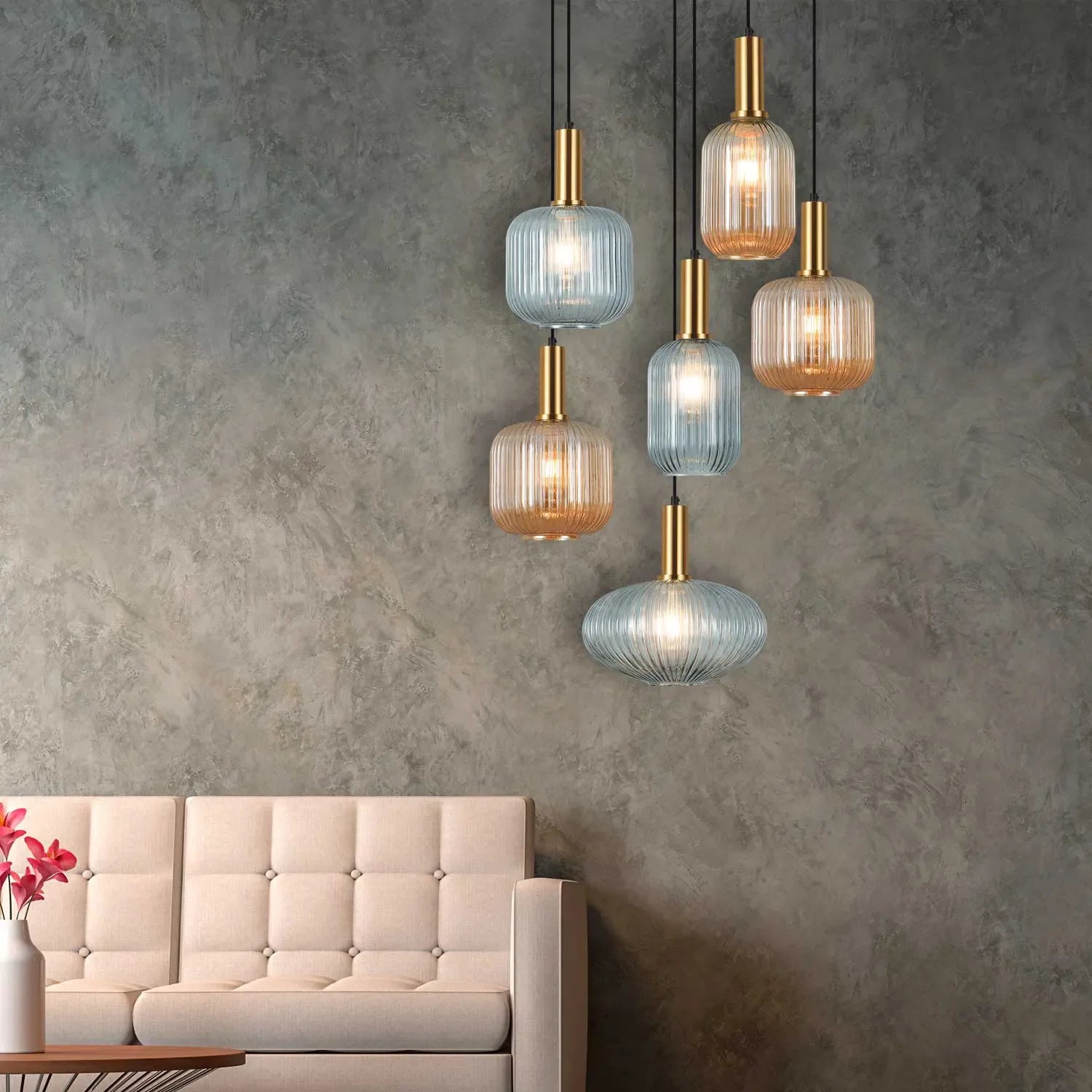 LÚZETE - LAMPADA DA SOFFITTO 6 LUCI COMBINATE PARALUMI AMBRA/FUMO Ø70 E27 SHELBY