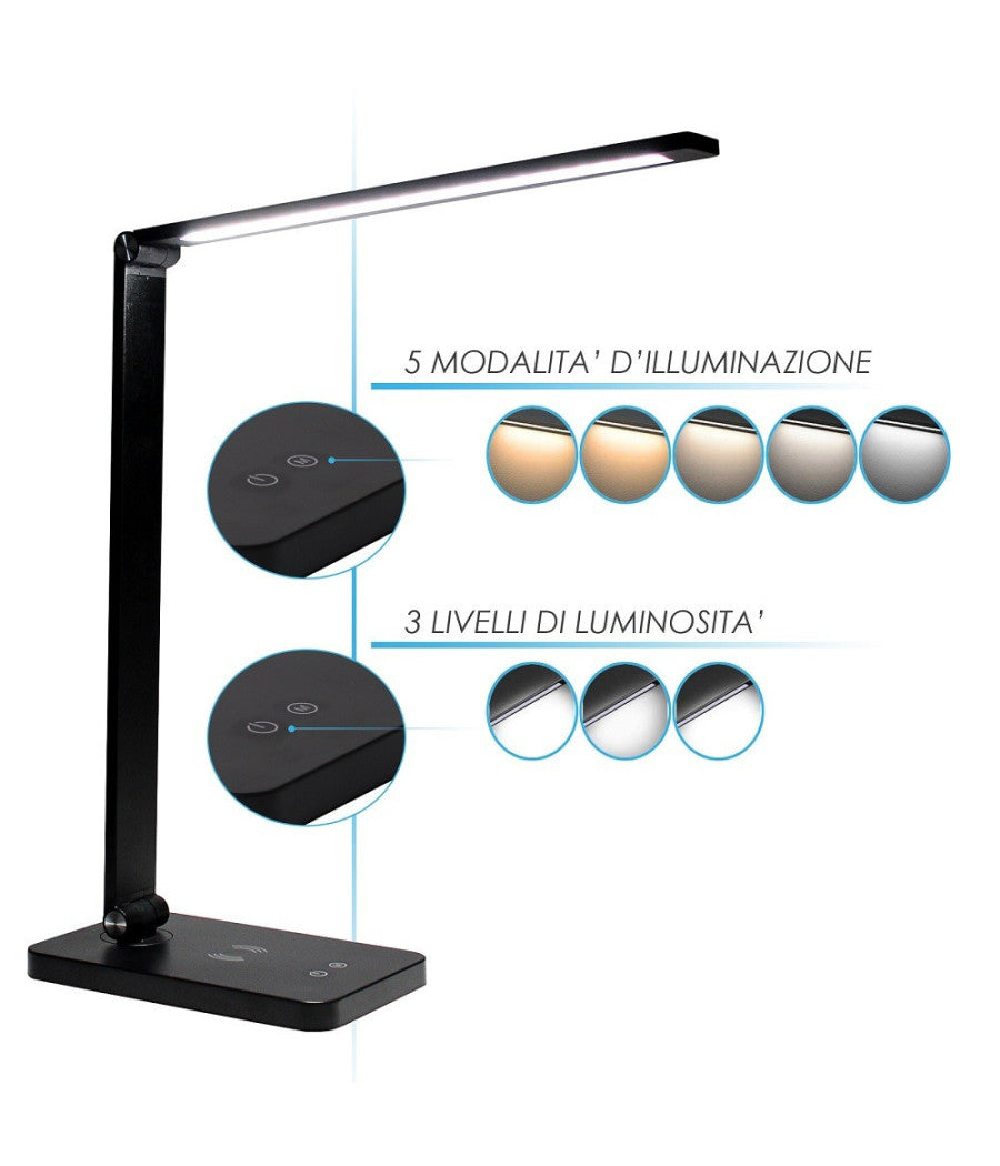 Trade Shop - Lampada Da Tavolo Led Da Scrivania Con Ricarica Wireless Per Cellulari Xc-2681 -