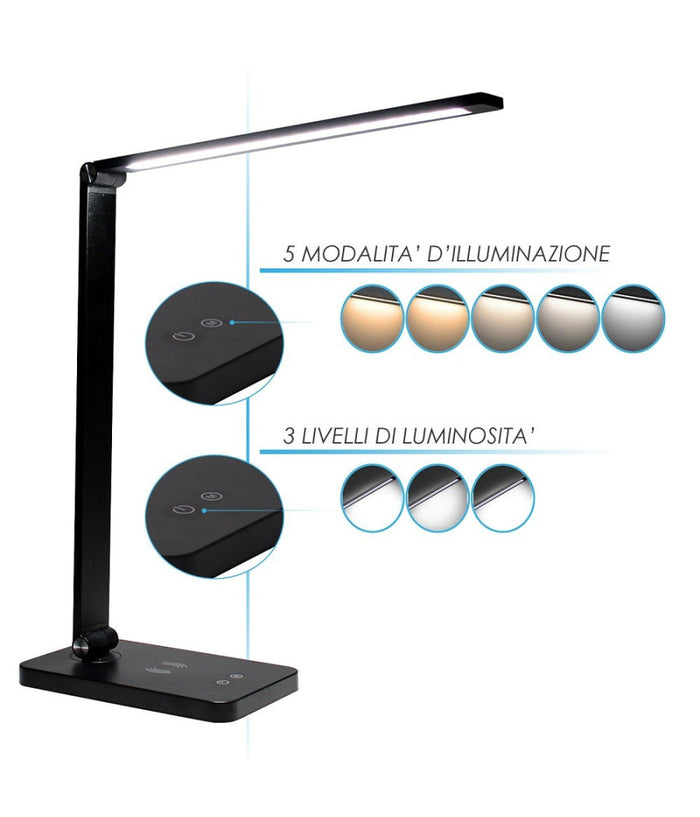 Trade Shop - Lampada Da Tavolo Led Da Scrivania Con Ricarica Wireless Per Cellulari Xc-2681 -