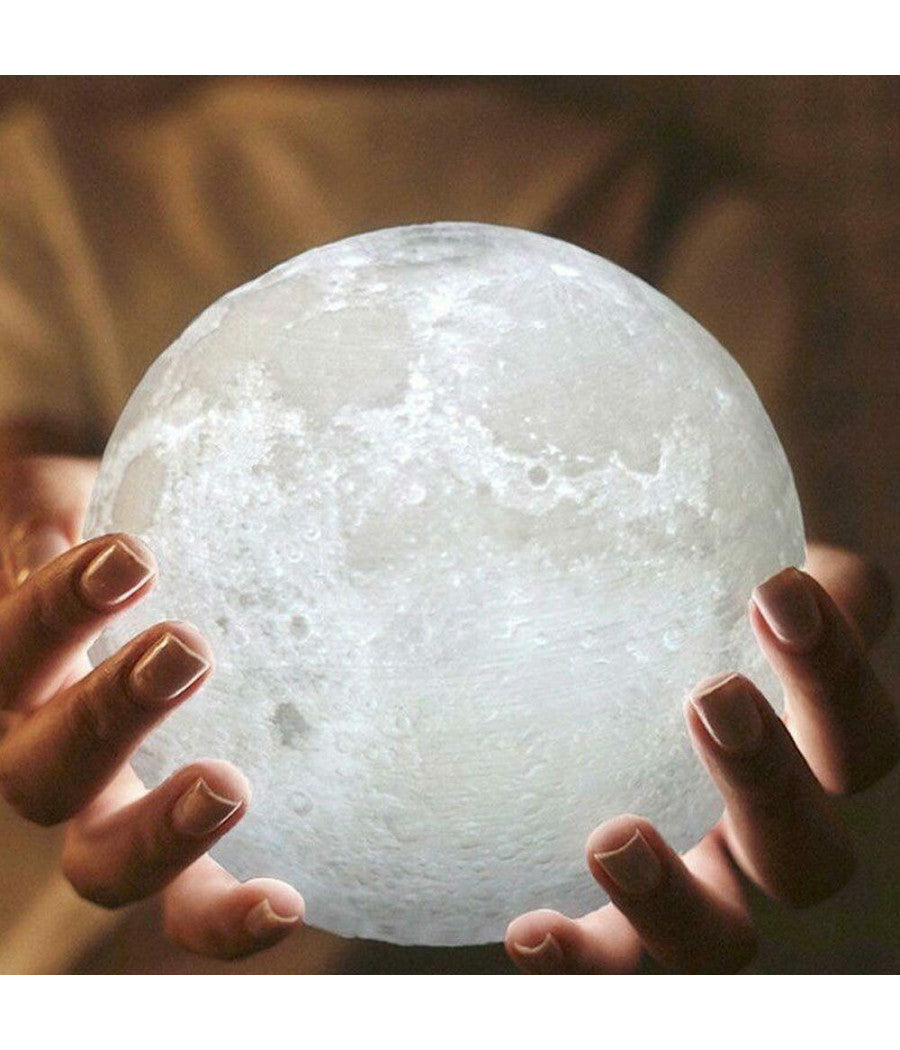 Lampada Da Tavolo Luna 18cm Luce Led 3 Colori Moon Lamp A Batteria Con Supporto         