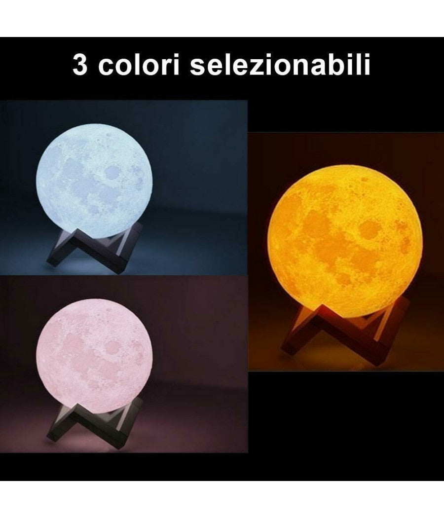 Lampada Da Tavolo Luna 18cm Luce Led 3 Colori Moon Lamp A Batteria Con Supporto         