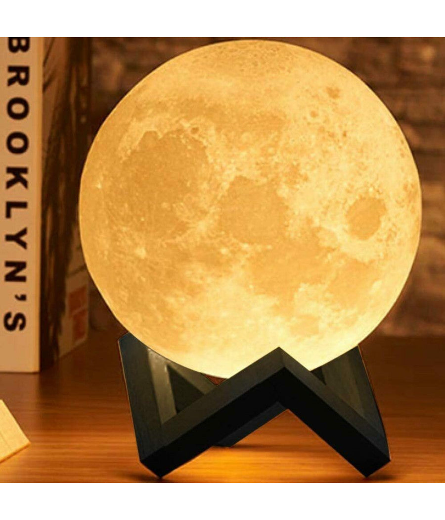 Lampada Da Tavolo Luna 18cm Luce Led 3 Colori Moon Lamp A Batteria Con Supporto         