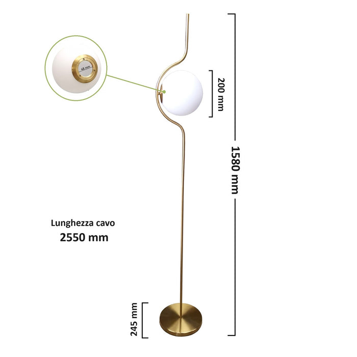 Trade Shop - Lampada Da Terra Oro Con Sfera In Vetro Bianco Piantana E27 Design Moderno 33894         