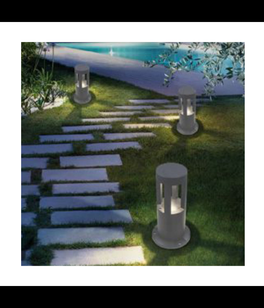 Lampada Da Terra Segnapasso Grigio Da Giardino Ip65 In Alluminio Vetro 12w Es59  -bianco Freddo      -