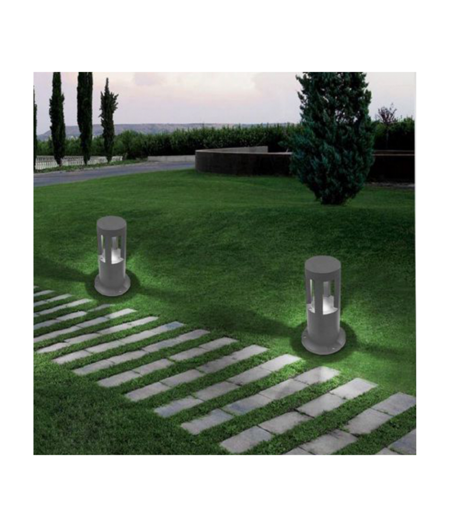Lampada Da Terra Segnapasso Grigio Da Giardino Ip65 In Alluminio Vetro 12w Es59  -bianco Freddo      -