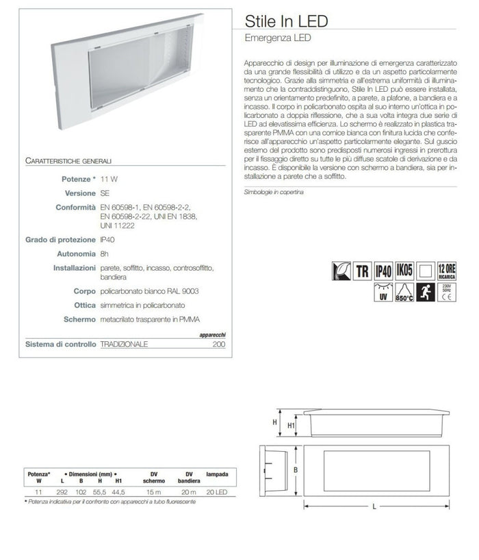 Lampada Di Emergenza Beghelli Da 11w A Led Da Incasso Autonomia 8h Ip40 Se 1499         
