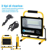 Lampada Faro Lavoro Portatile Con Pannello Solare 100w 1000lm Luce Emergenza Sos         