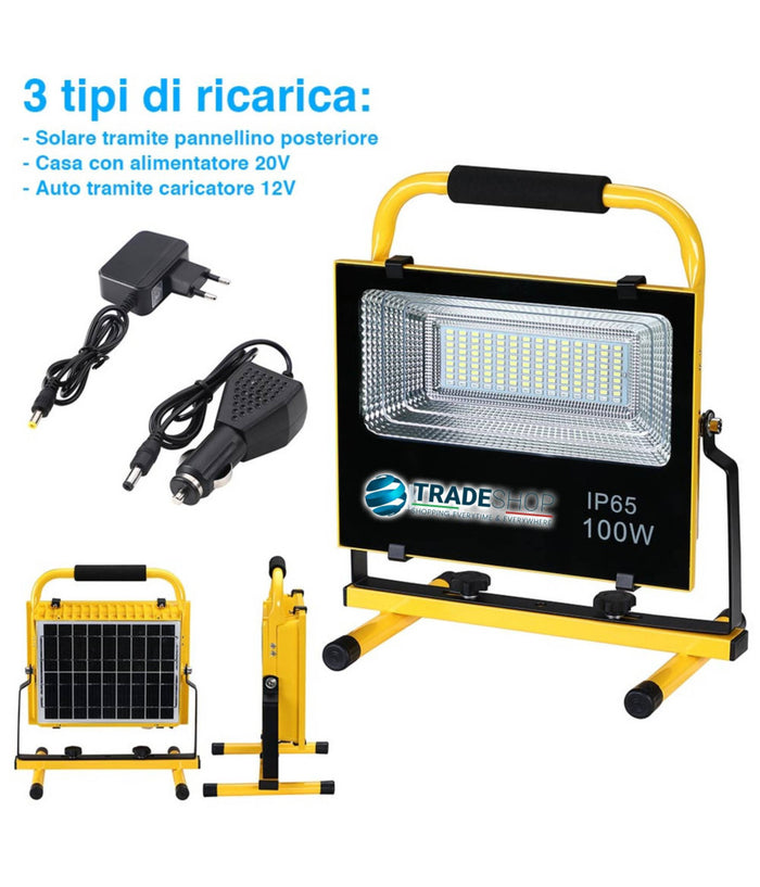 Lampada Faro Lavoro Portatile Con Pannello Solare 100w 1000lm Luce Emergenza Sos         