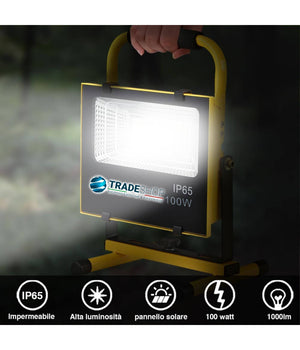 Lampada Faro Lavoro Portatile Con Pannello Solare 100w 1000lm Luce Emergenza Sos         