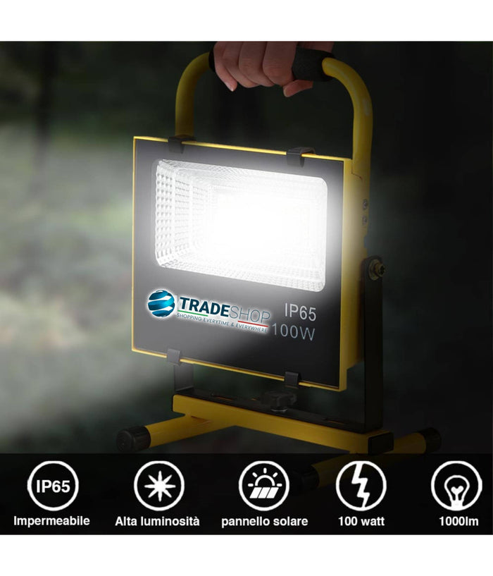 Lampada Faro Lavoro Portatile Con Pannello Solare 100w 1000lm Luce Emergenza Sos         