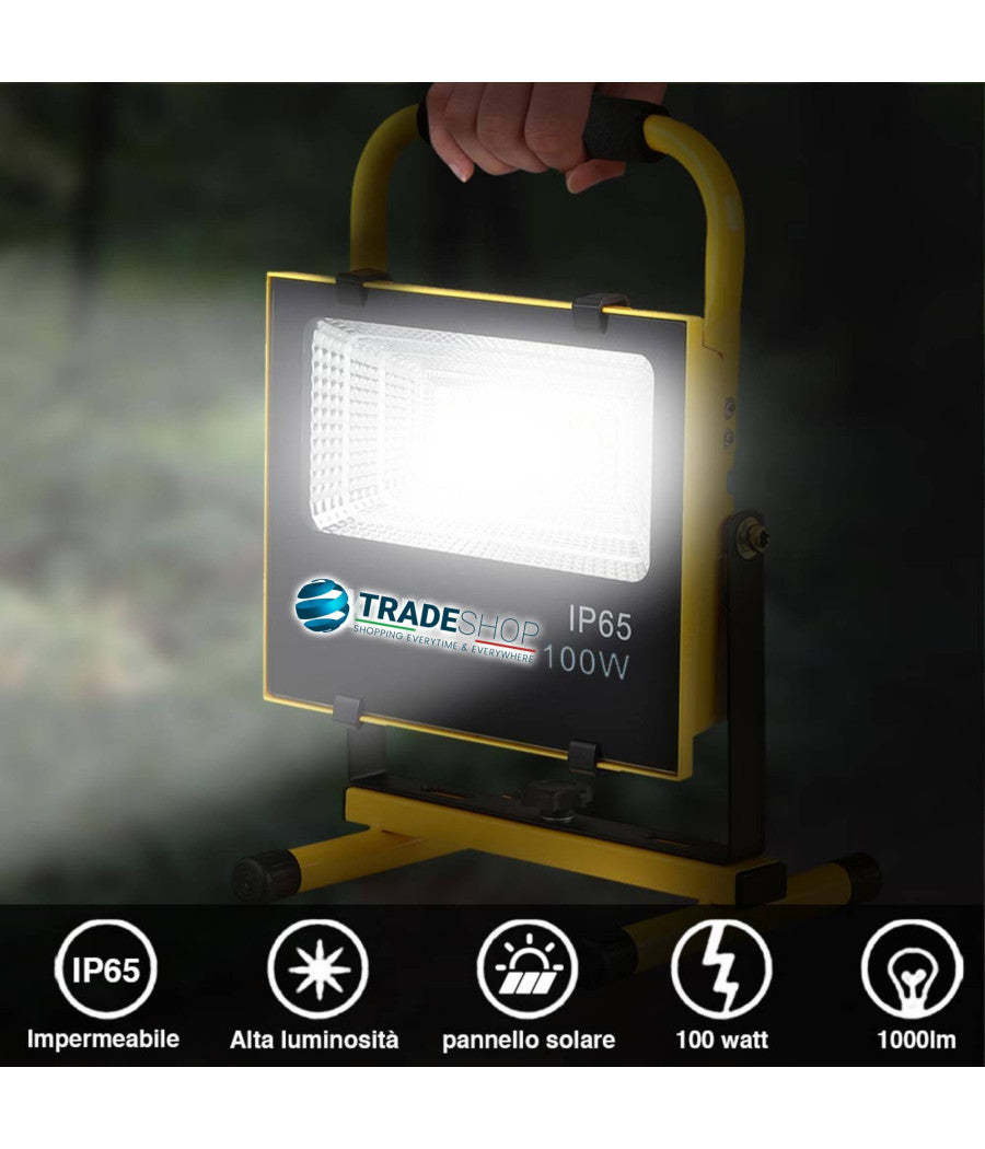 Lampada Faro Lavoro Portatile Con Pannello Solare 100w 1000lm Luce Emergenza Sos         
