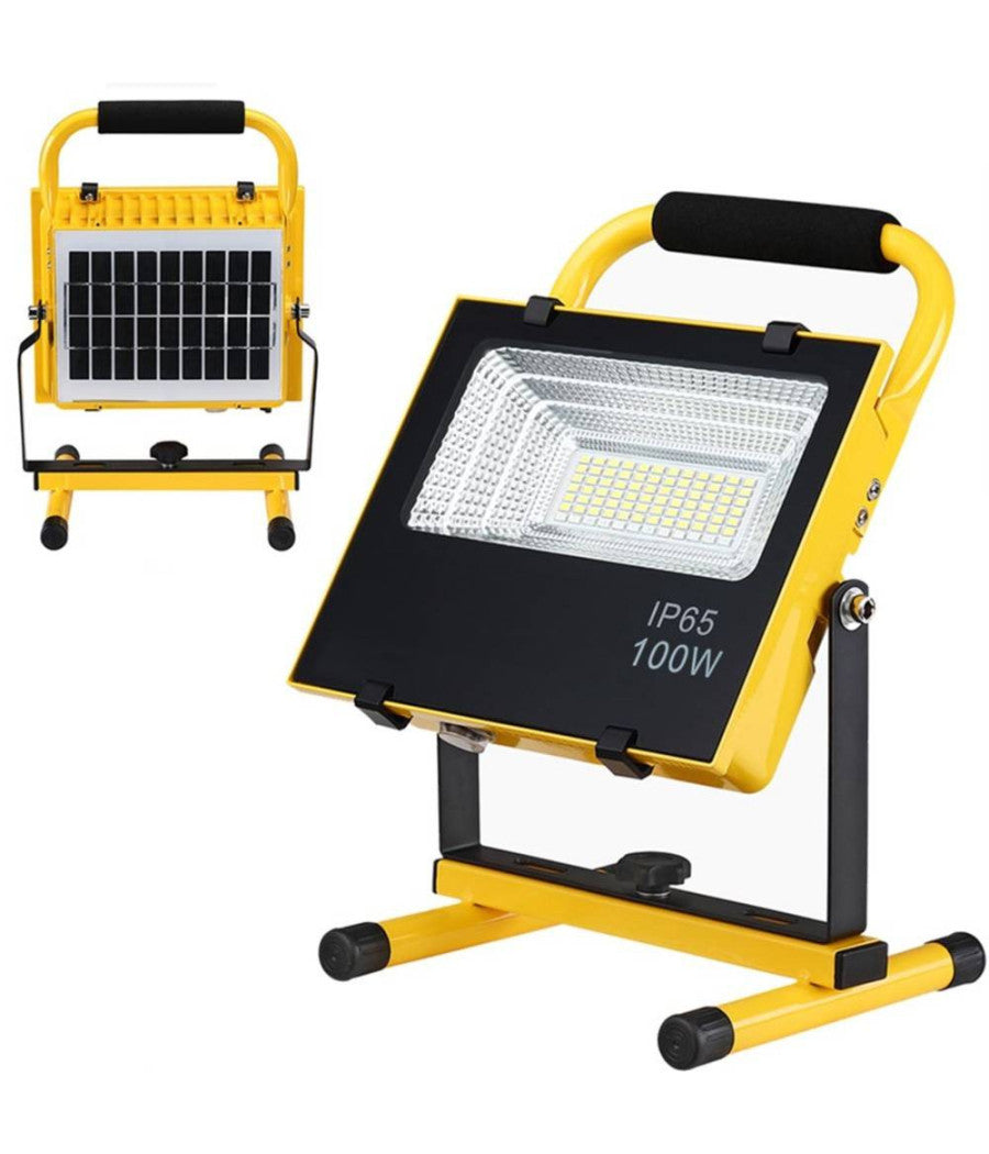 Lampada Faro Lavoro Portatile Con Pannello Solare 100w 1000lm Luce Emergenza Sos         