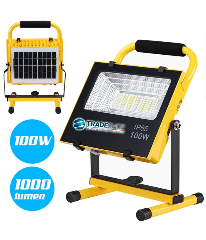 Lampada Faro Lavoro Portatile Con Pannello Solare 100w 1000lm Luce Emergenza Sos         