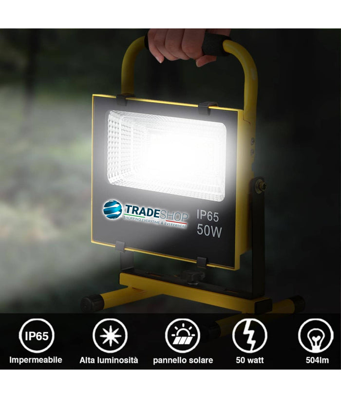 Lampada Faro Lavoro Portatile Con Pannello Solare 50w 504lm Luce Emergenza Sos         