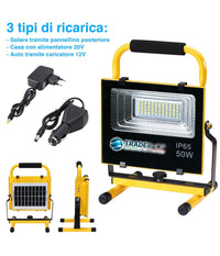 Lampada Faro Lavoro Portatile Con Pannello Solare 50w 504lm Luce Emergenza Sos         