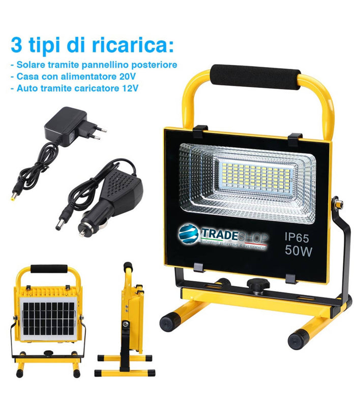Lampada Faro Lavoro Portatile Con Pannello Solare 50w 504lm Luce Emergenza Sos         