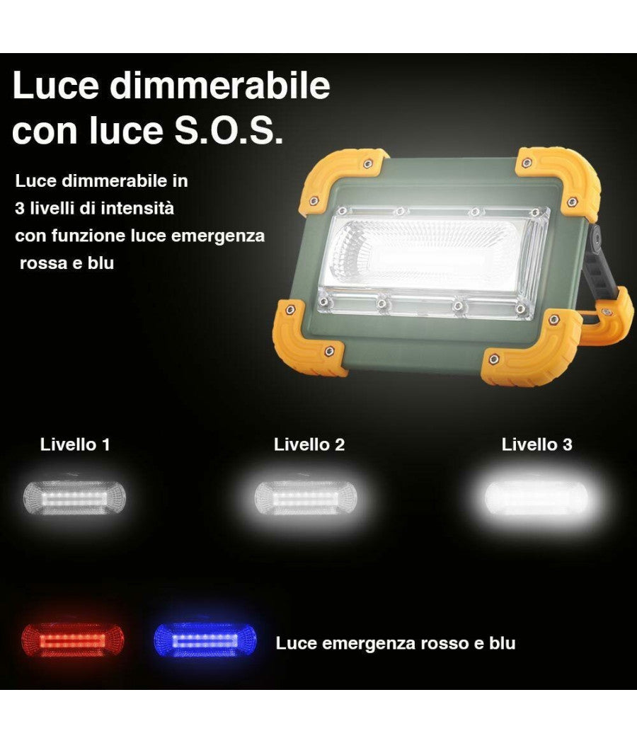 Lampada Faro Lavoro Portatile Torcia 20w 2000 Lm A Batteria Litio Luce Emergenza         