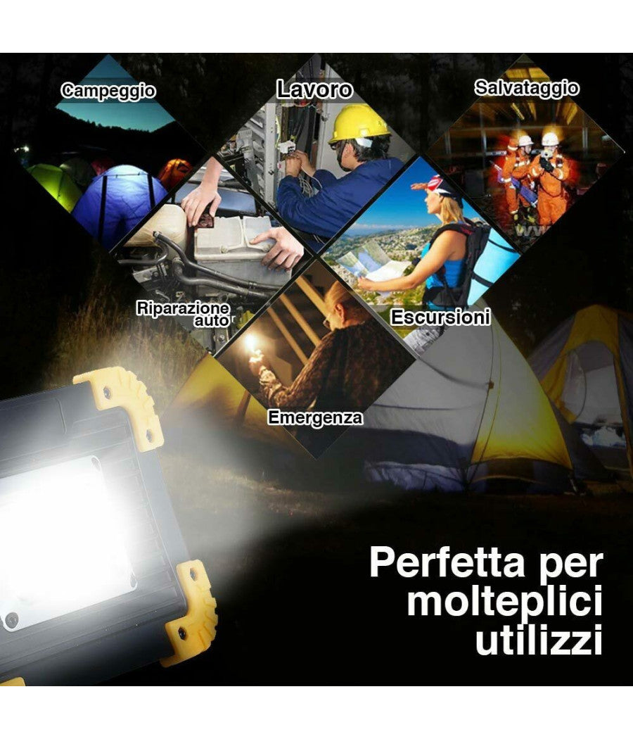 Lampada Faro Lavoro Portatile Torcia 20w 2000 Lm A Batteria Litio Luce Emergenza         