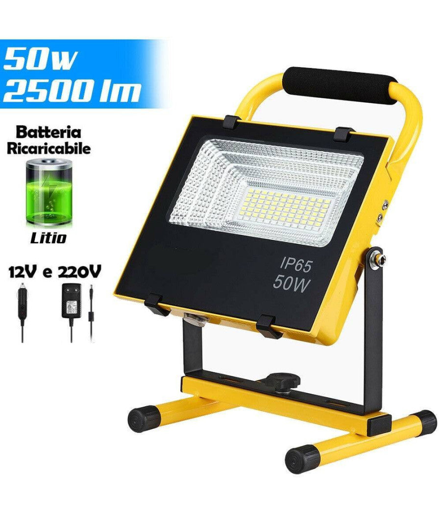 Lampada Faro Led Lavoro Portatile Torcia 50w Batteria Litio Luce Emergenza 2500l         