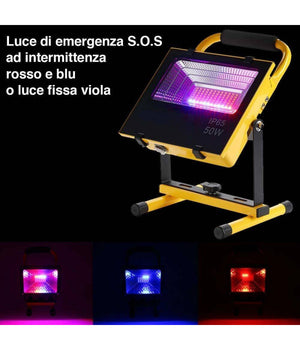 Lampada Faro Led Lavoro Portatile Torcia 50w Batteria Litio Luce Emergenza 2500l         
