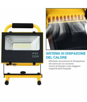 Lampada Faro Led Lavoro Portatile Torcia 50w Batteria Litio Luce Emergenza 2500l         