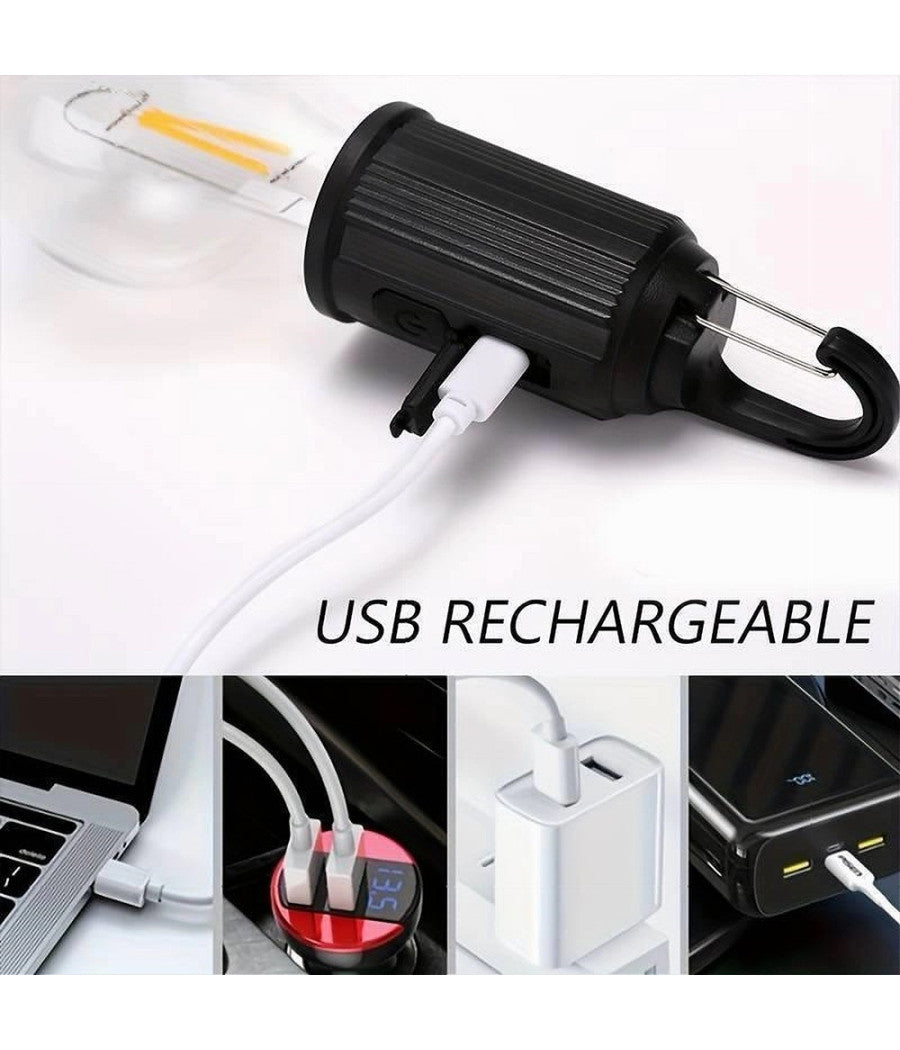 Lampada Lampadina Led Bulbo Ricaricabile 3 W Usb Gancio Campeggio Tenda Camper         