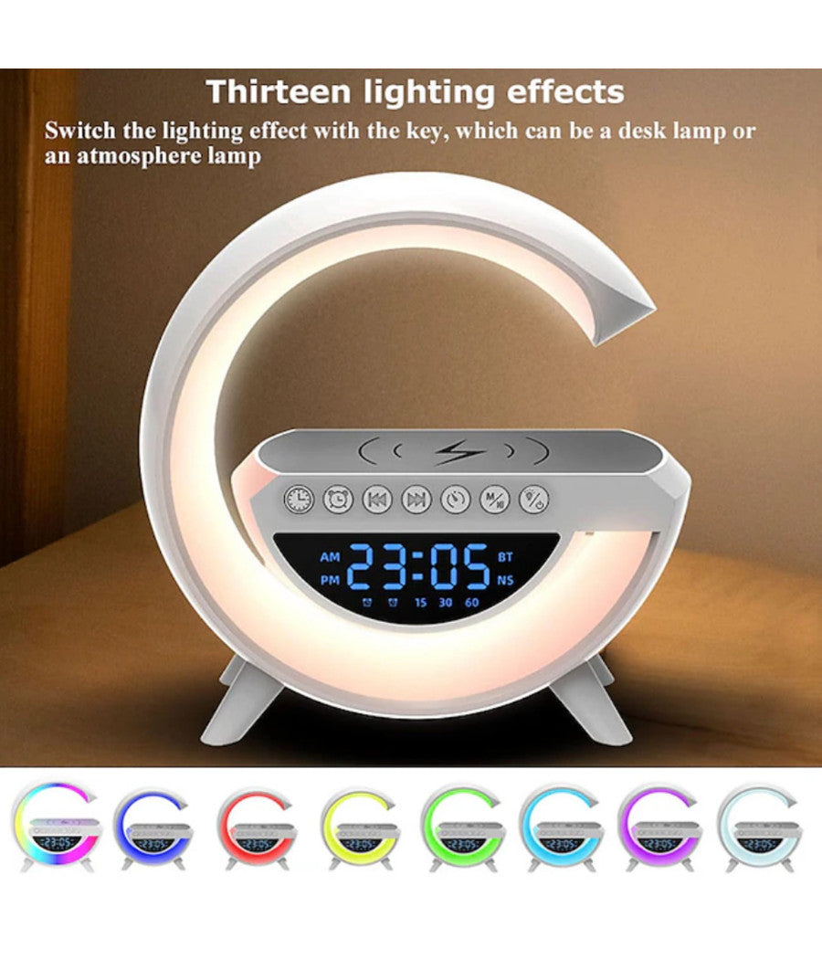 Lampada Led Caricabatteria Wireless Cassa Speaker A Forma G Con Sveglia Display         