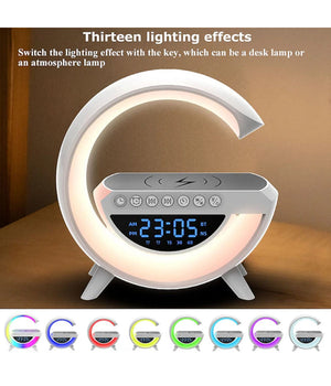 Lampada Led Caricabatteria Wireless Cassa Speaker A Forma G Con Sveglia Display         