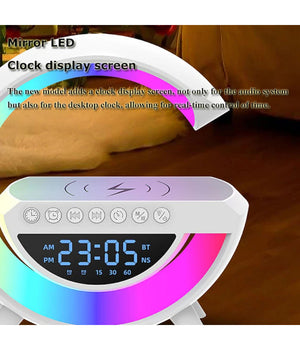 Lampada Led Caricabatteria Wireless Cassa Speaker A Forma G Con Sveglia Display         