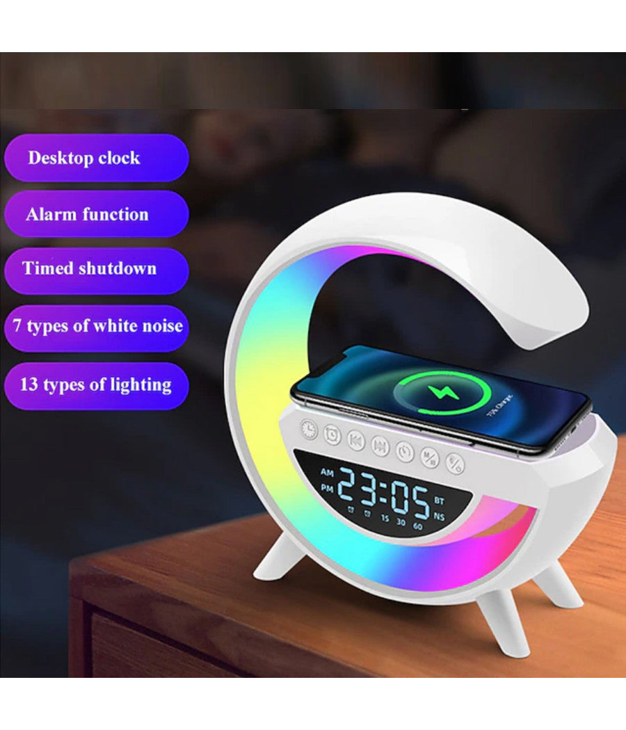Lampada Led Caricabatteria Wireless Cassa Speaker A Forma G Con Sveglia Display         