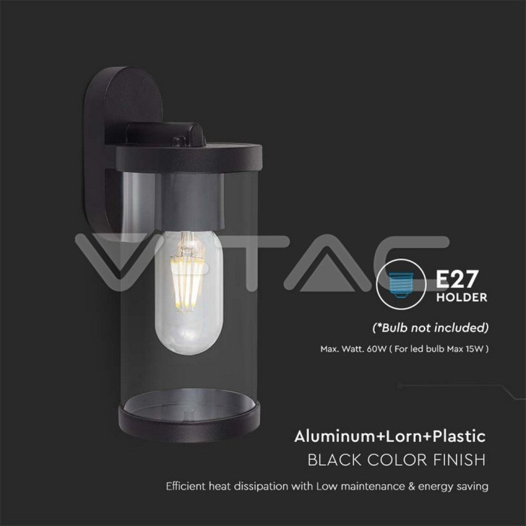 Lampada LED da Giardino Cilindrica con Portalampada E27 con Corpo Nero Copertura Trasparente IP44 - V-TAC