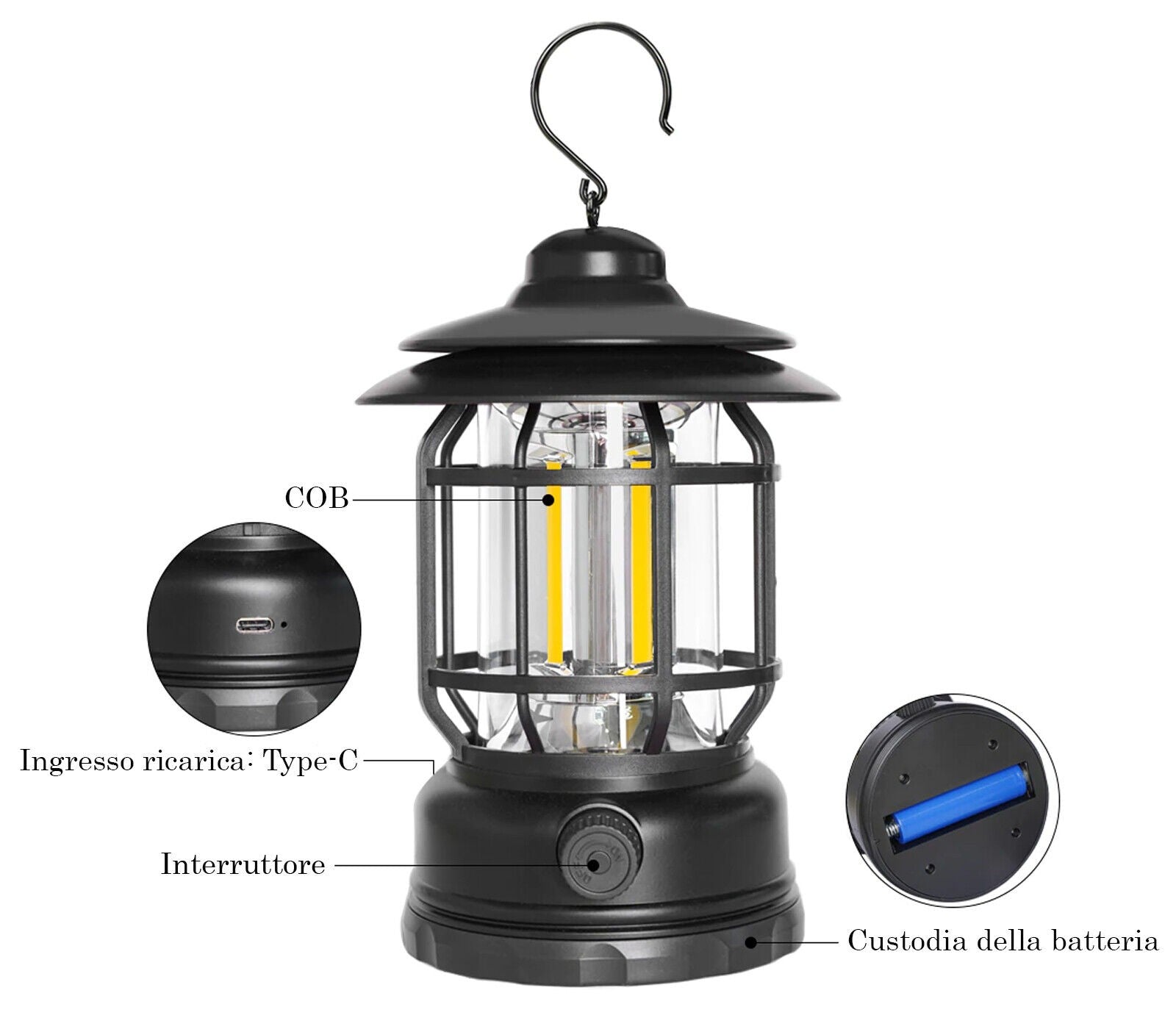 Lampada LED Lanterna ricaricabile USB da campeggio portatile Con gancio Dimmerabile - ZENCOCCO