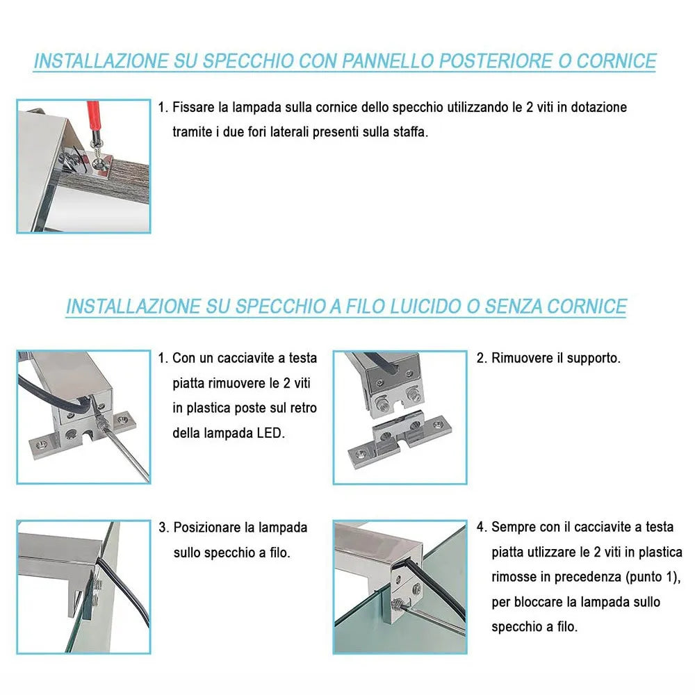 Lampada LED per specchio bagno 30 cm cromo con doppia installazione